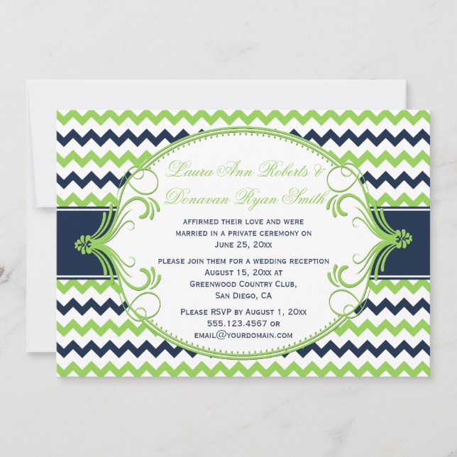 Navy Blue Kelly Green Chevron Reception Only Invitation (Front)