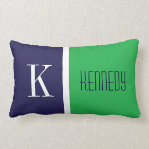 Navy Blue Kelly Green Colour Block Stripe Monogram Lumbar Pillow