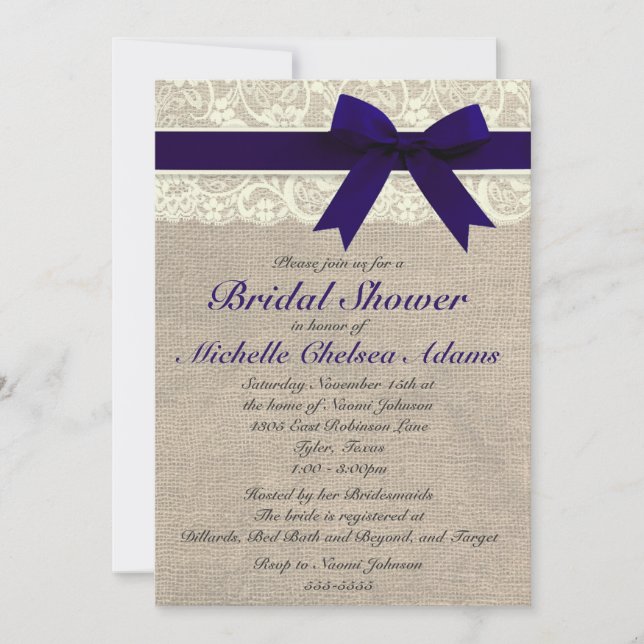 Navy Blue Lace Burlap Bridal Shower Invitation (Front)
