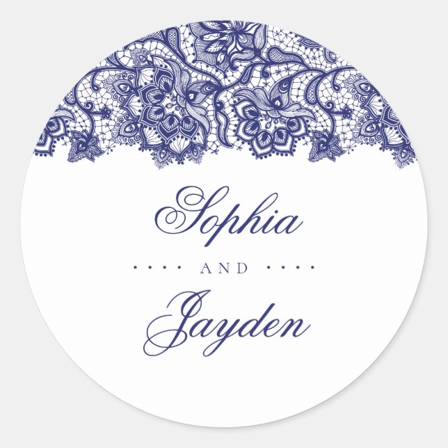 Navy Blue Lace Elegant Wedding Classic Round Sticker (Front)
