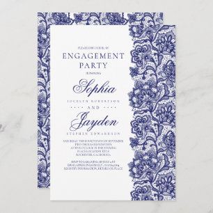 Navy Blue Lace Elegant White Engagement Party Invitation