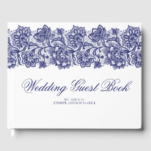 Navy Blue Lace Elegant White Wedding Guest Book
