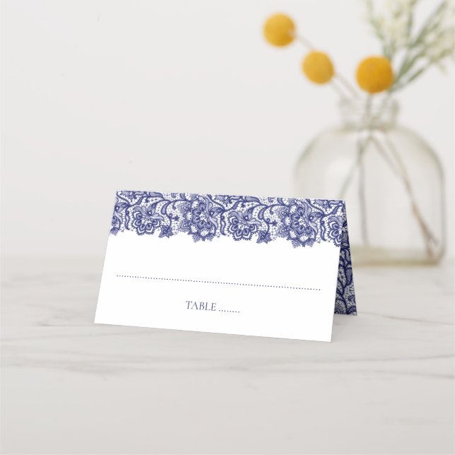 Navy Blue Lace Elegant White Wedding Place Card (Front)