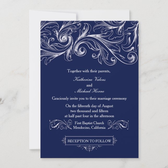Navy Blue Lace Invitation - Vintage Glam (Front)