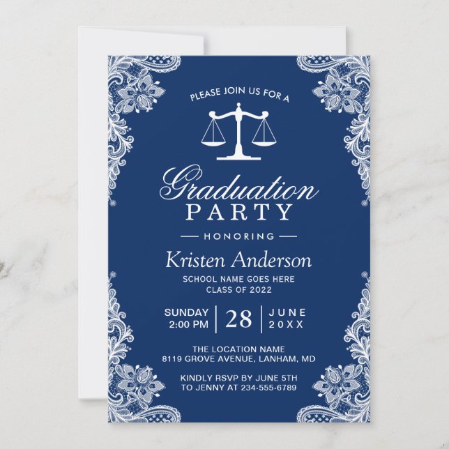 Navy Blue Lace Law School Student Graduation Photo Invitation (Front)