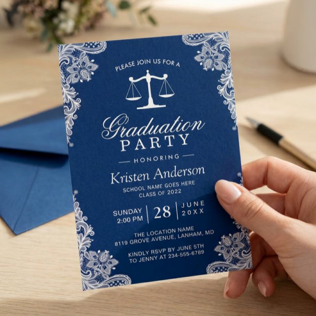 Navy Blue Lace Law School Student Graduation Photo Invitation (Creator Uploaded)