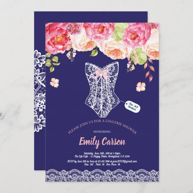 Navy blue lace lingerie shower bridal party invitation (Front/Back)