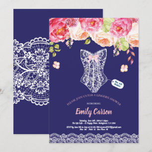 Navy blue lace lingerie shower bridal party invitation