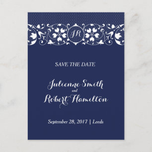 Navy Blue Lace Monogram Save the Date Postcard