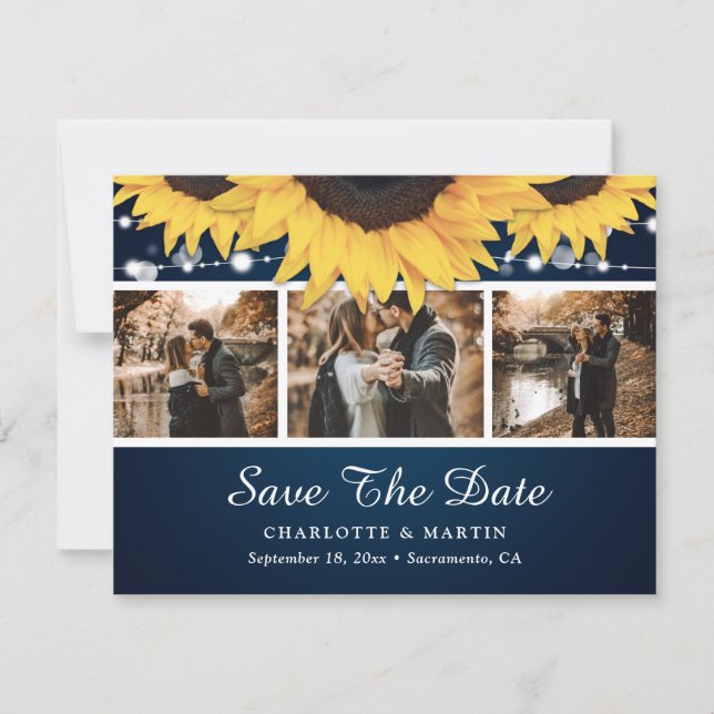 Navy Blue Lace Sunflower Photo Save The Date Cards (Front)