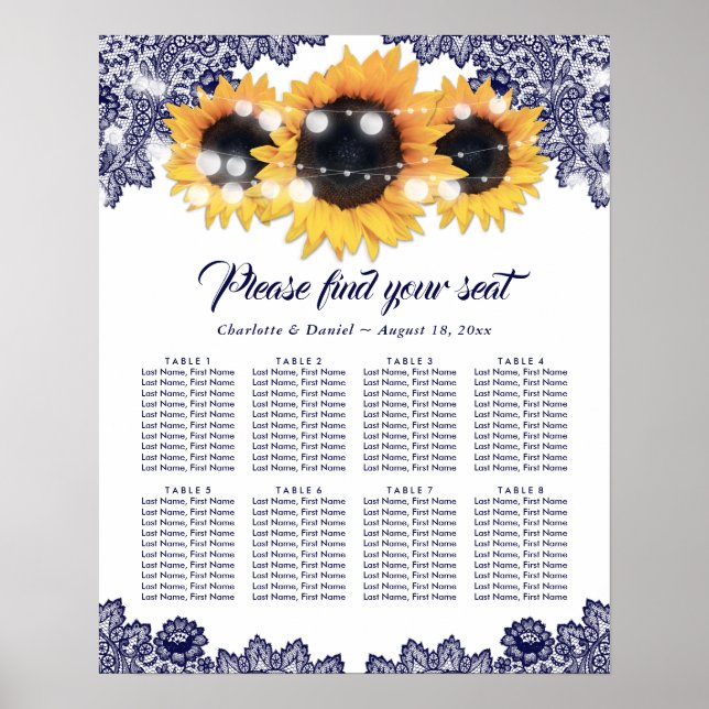 Navy Blue Lace Sunflower Wedding Seating Chart 8 (Front)