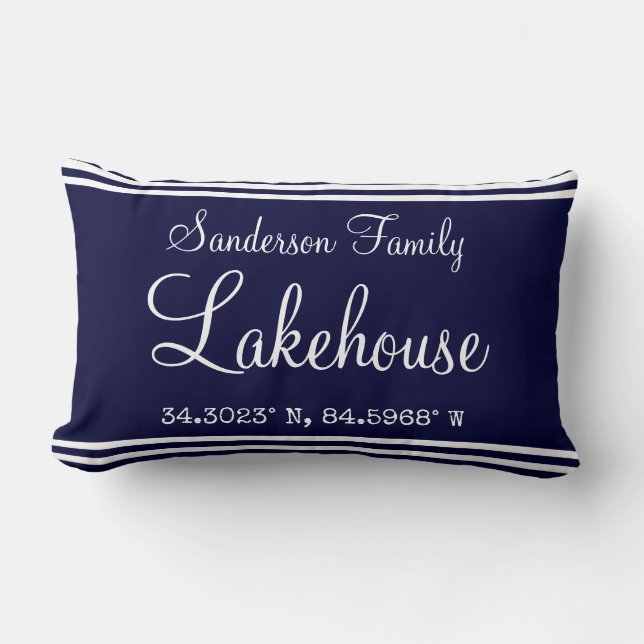 Navy Blue Lakehouse Family name  Map Corinates Lum Lumbar Pillow (Front)