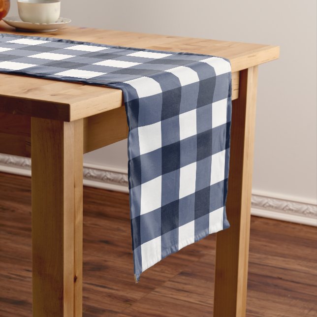 Navy Blue Large Classic Gingham Check Plaid Long Table Runner (In Situ)
