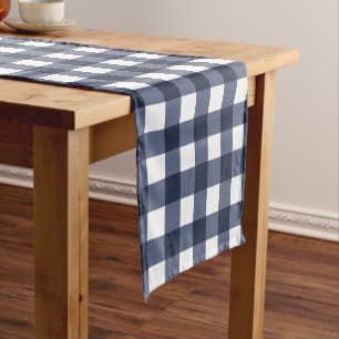 Navy Blue Large Classic Gingham Check Plaid Short Table Runner