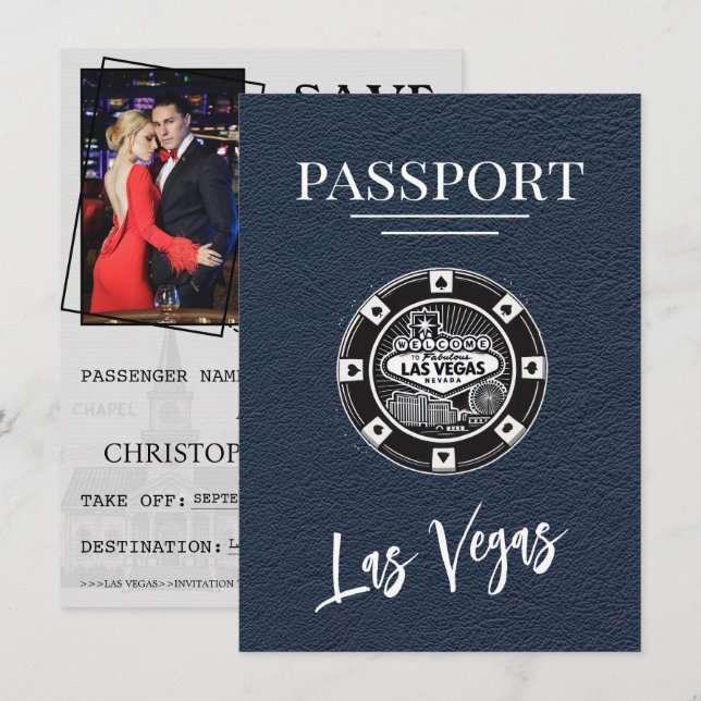 Navy Blue Las Vegas Passport Save The Date (Front/Back)