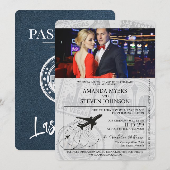 Navy Blue Las Vegas Passport Wedding Invitation (Front/Back)