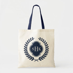 Navy-Blue Laurel Wreath Crest White Monogram Tote Bag