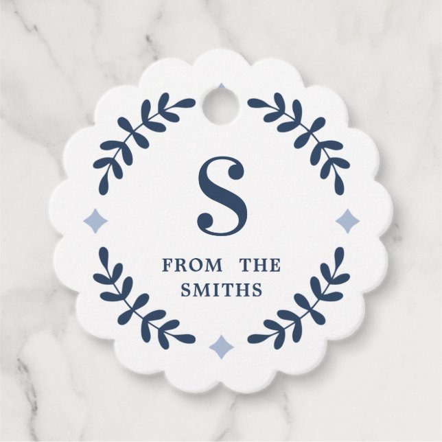 Navy Blue Laurel Wreath Monogram Favour Tag (Front)