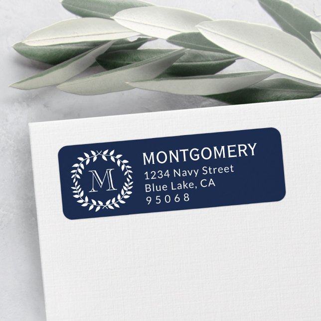 Navy Blue Laurel Wreath Monogram Return Address (Creator Uploaded)
