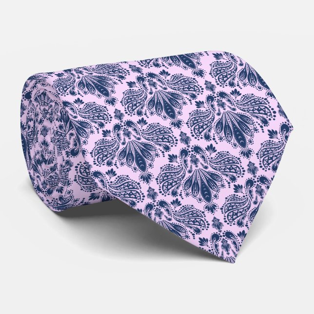 Navy Blue & Lavender Floral Damasks Pattern Tie (Rolled)