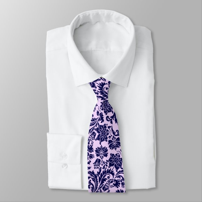 Navy-Blue & Lavender Floral Damasks Tie (Tied)