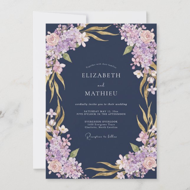 Navy Blue Lavender Flourish Wedding Invitation (Front)