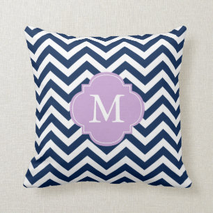 Navy Blue & Lavender Zigzags Pattern Monogram Throw Pillow
