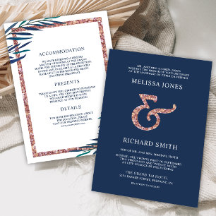 Navy Blue Leaf Branch Rose Gold Ampersand Wedding Invitation