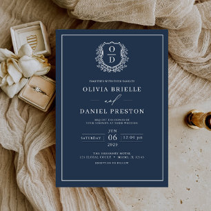 Navy Blue Leafy Crest Monogram Elegant Wedding Invitation