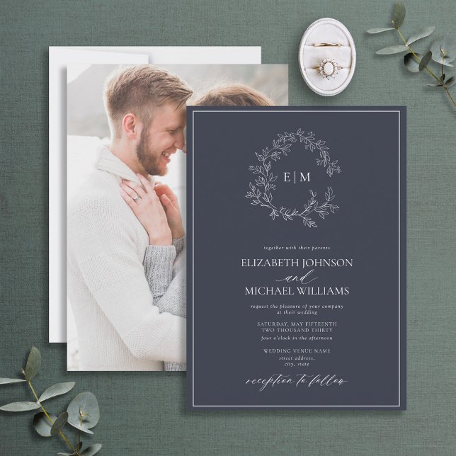 Navy Blue Leafy Crest Monogram Photo Wedding Invitation (Creator Uploaded)
