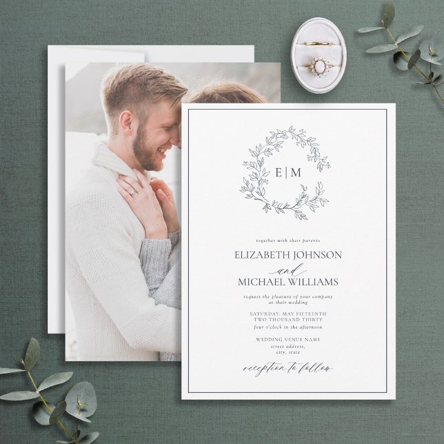 Navy Blue Leafy Crest Monogram Photo Wedding Invitation (Creator Uploaded)