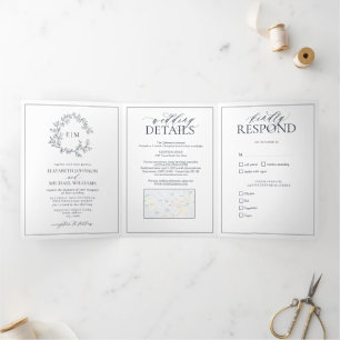 Navy Blue Leafy Crest Monogram Wedding Tri-Fold Invitation