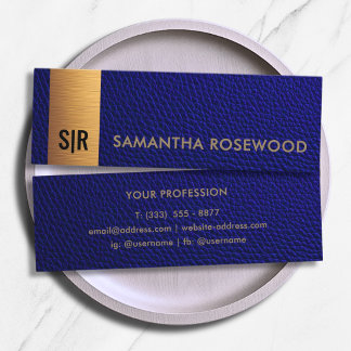 Navy Blue Leather & Brushed Gold Bar Monogram Mini Business Card