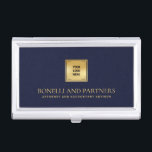 NAVY Blue Leather Business Corporate Gold Logo Business Card Holder<br><div class="desc">This luxury business card holder boasts a refined Navy Blue leather-textured illustration, perfectly paired with your business logo over a faux gold overlay for a premium, professional look. Your name, profession, or firm name stands out in opulent gold-tone lettering, creating a timeless and unforgettable impression. Ideal for professionals across various...</div>