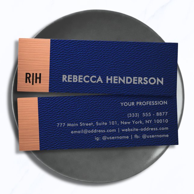 Navy Blue Leather & Metallic Copper Panel Monogram Mini Business Card (Creator Uploaded)