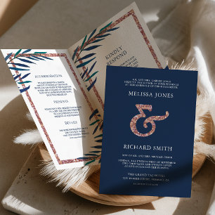 Navy Blue Leaves Branch Rose Gold QR Code Wedding Invitation