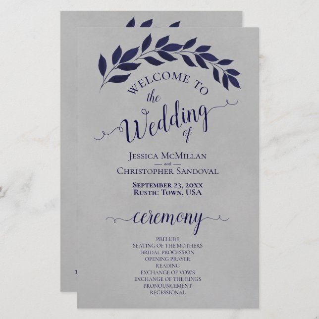 Navy Blue Leaves on Grey Budget Wedding Program (Front/Back)