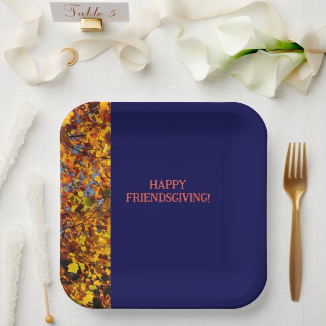 Navy Blue & Leaves Thanksgiving Friendsgiving  Paper Plate (Wedding)