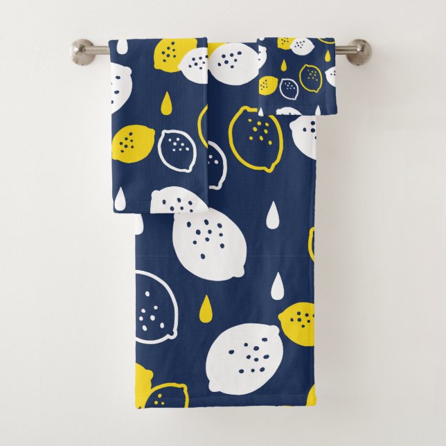  Navy Blue Lemon Art – Refreshing Citrus Design Bath Towel Set (Insitu)