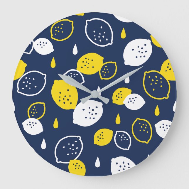  Navy Blue Lemon Art – Refreshing Citrus Design Large Clock (Front)