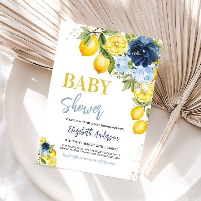 Navy Blue Lemon Citrus Floral Baby Shower Invitation (Creator Uploaded)