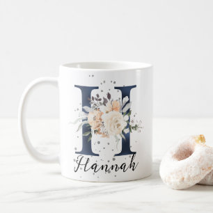 Navy Blue Letter H Peach Cream Floral Monogram  Coffee Mug