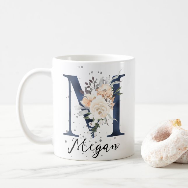 Navy Blue Letter M Peach Cream Floral Monogram  Coffee Mug (With Donut)