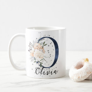 Navy Blue Letter O Peach Cream Floral Monogram  Coffee Mug
