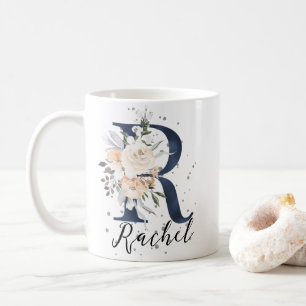 Navy Blue Letter R Peach Cream Floral Monogram  Coffee Mug