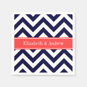 Navy Blue Lg Chevron Coral Red Name Monogram Napkin