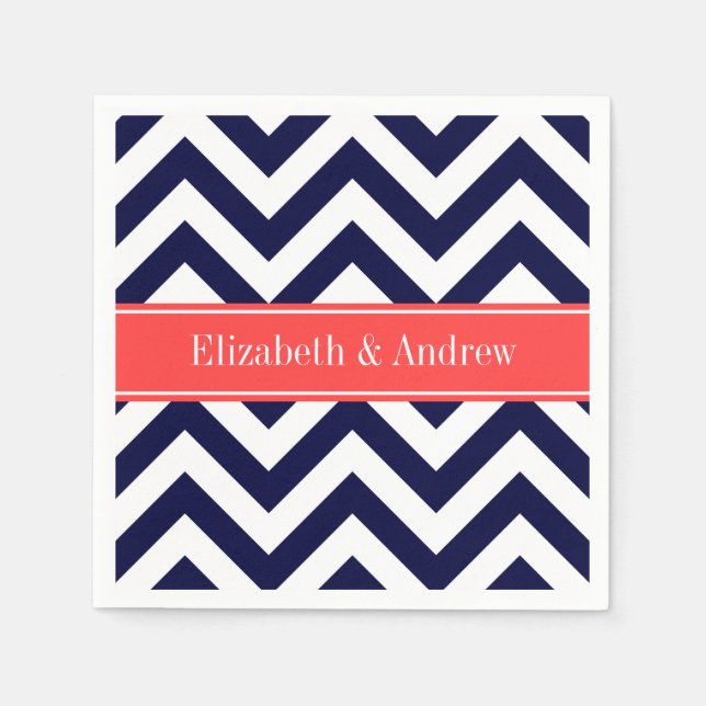 Navy Blue Lg Chevron Coral Red Name Monogram Napkin (Front)