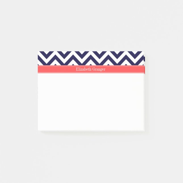 Navy Blue Lg Chevron Coral Red Name Monogram Post-it Notes (Front)