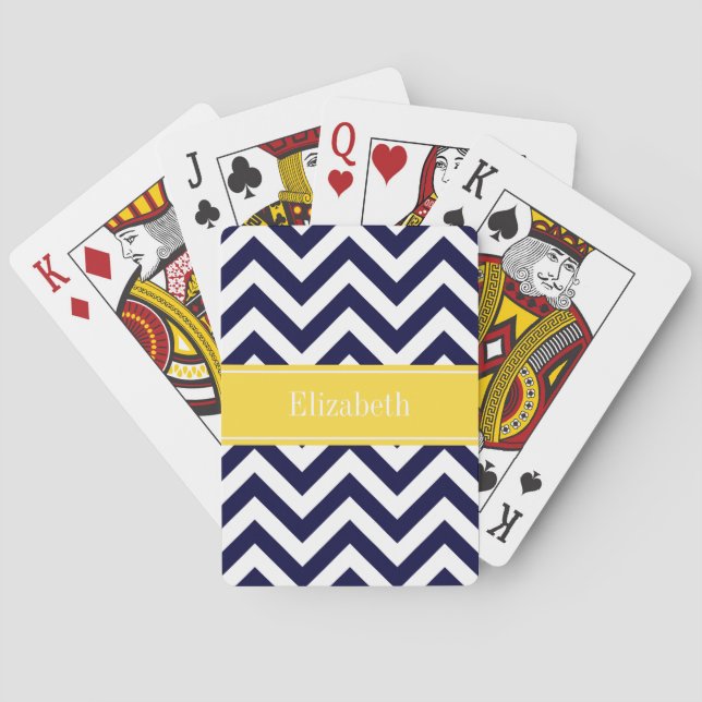 Navy Blue Lg Chevron Pineapple Name Monogram Playing Cards (Back)