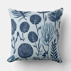Navy Blue Light Blue Botanical Floral Print Throw Pillow